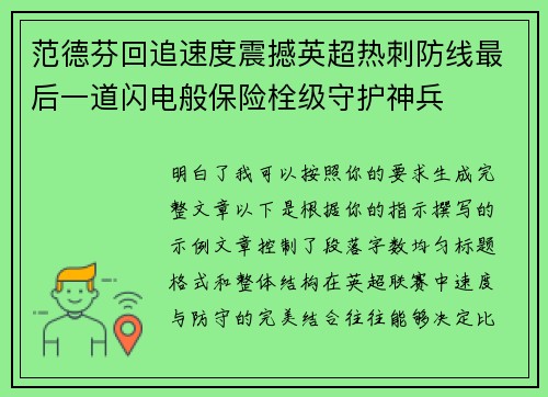 范德芬回追速度震撼英超热刺防线最后一道闪电般保险栓级守护神兵